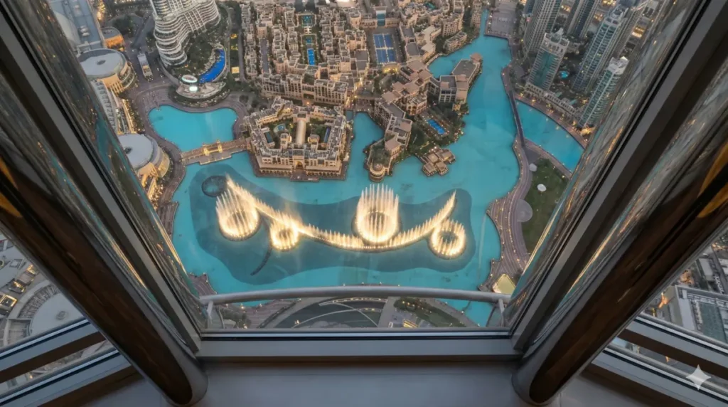 Une vue en plongée vertigineuse depuis une baie vitrée de la Burj Khalifa à Dubaï. Le cadre en métal sombre de la fenêtre est visible au premier plan, avec des reflets sur le verre. En bas, la Fontaine de Dubaï est illuminée, avec des jets d'eau créant des motifs circulaires et arqués sur le lac turquoise. Le centre commercial Dubaï Mall et les gratte-ciel environnants sont visibles sous une lumière chaude et brumeuse de fin de journée (golden hour)