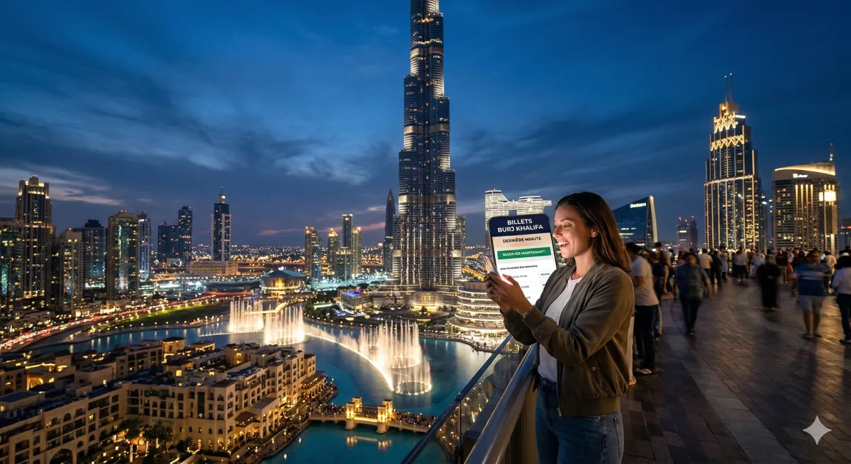 Femme réservant billets Burj Khalifa soirée avec fontaines lumineuses Dubai