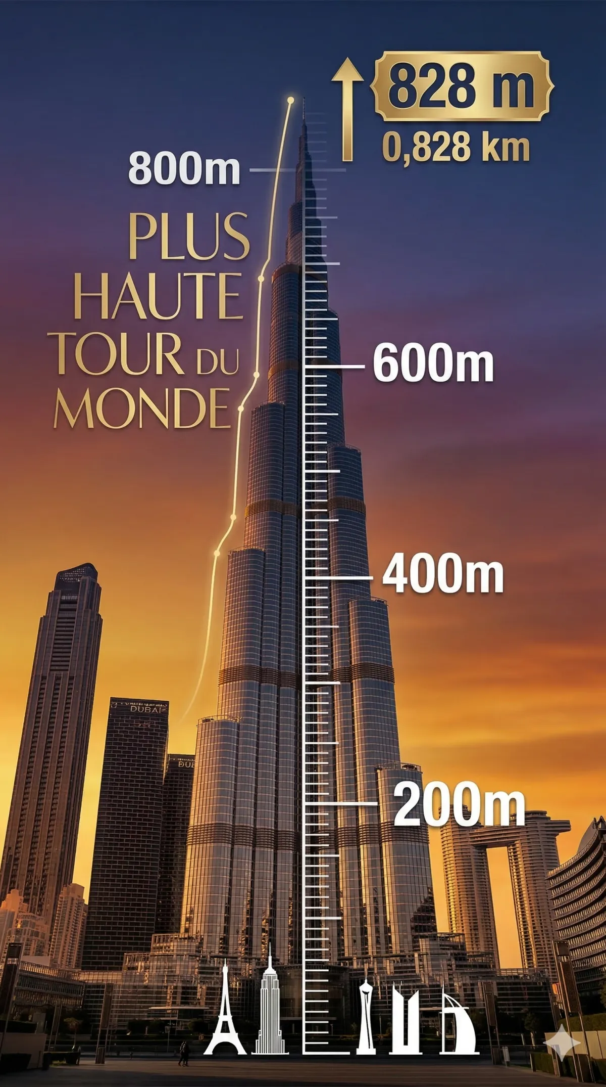 Burj Khalifa Dubai silhouette avec mesures hauteur 828m plus haute tour monde